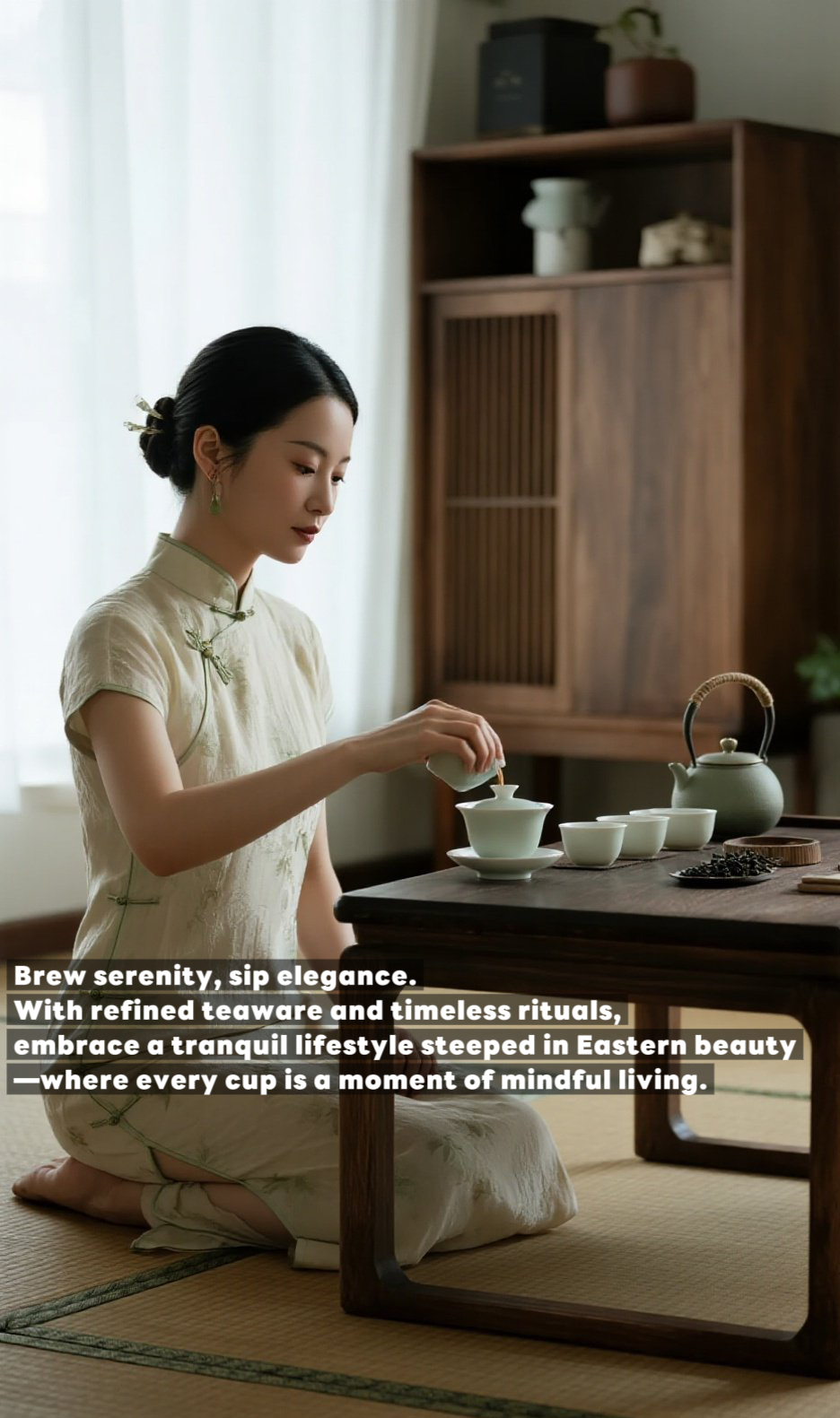AI-generated video: Woman performing traditional tea ceremony