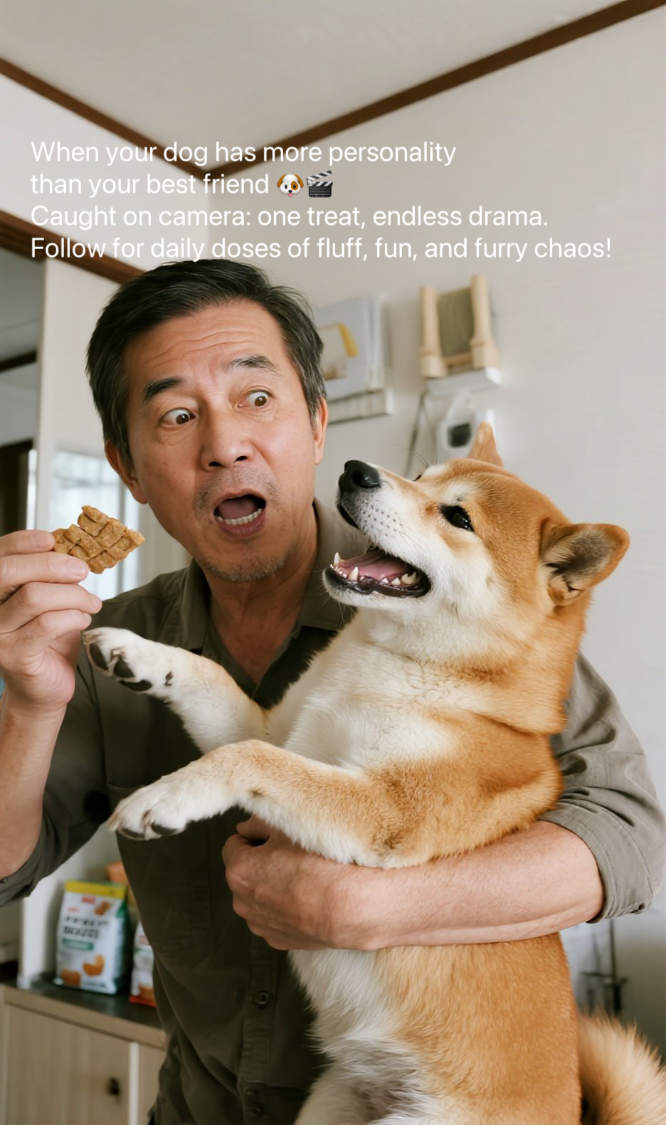 AI-generated video: Man with dog showcasing pet food product